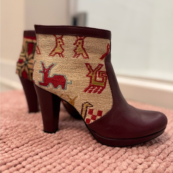 SHANS Amsterdam silk and leather ankle boots BOOTIES Burgundy and Cream - Picture 5 of 7